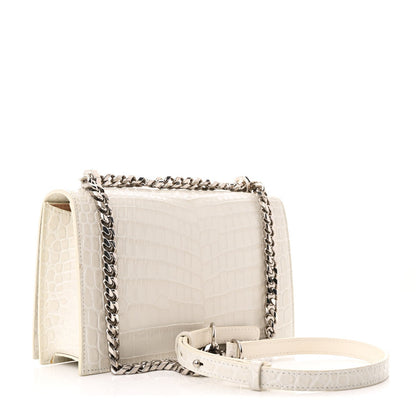 Shiny Calfskin Crocodile Embossed Knuckle Jeweled Crossbody White