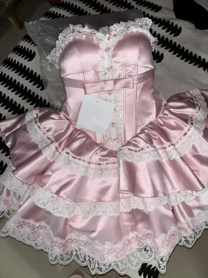 Sweet Homecoming Dress Pink Sweetheart Lace Short Prom Dress Back to School Outfits Party Dress  D5452