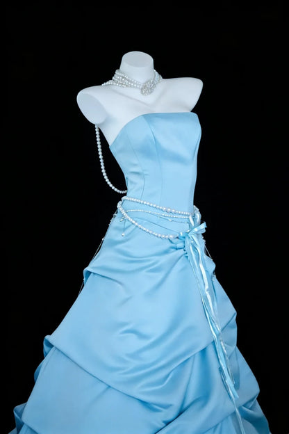 Stunning Prom Dress A Line Light Blue Strapless Pleated Gala Dress Evening Dress Formal Gown      D5463