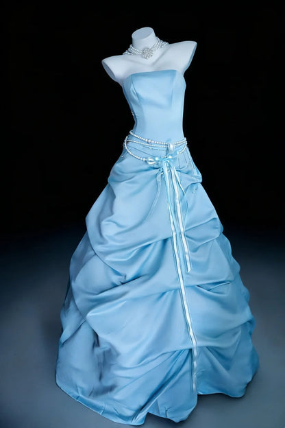 Stunning Prom Dress A Line Light Blue Strapless Pleated Gala Dress Evening Dress Formal Gown      D5463