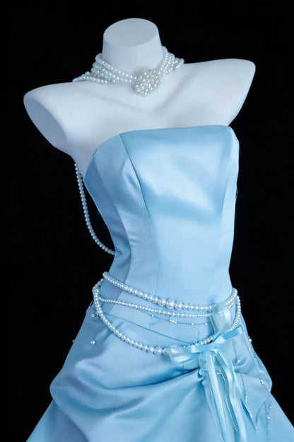 Stunning Prom Dress A Line Light Blue Strapless Pleated Gala Dress Evening Dress Formal Gown      D5463