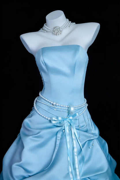 Stunning Prom Dress A Line Light Blue Strapless Pleated Gala Dress Evening Dress Formal Gown      D5463
