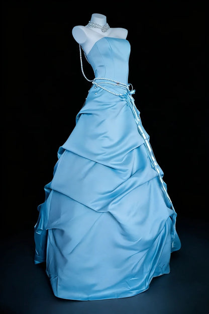 Stunning Prom Dress A Line Light Blue Strapless Pleated Gala Dress Evening Dress Formal Gown      D5463