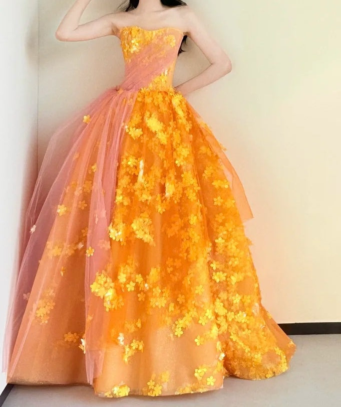 Beauty Prom Dress A Line Strapless Tulle Floral Gala Dress Evening Dress Formal Gown      D5464