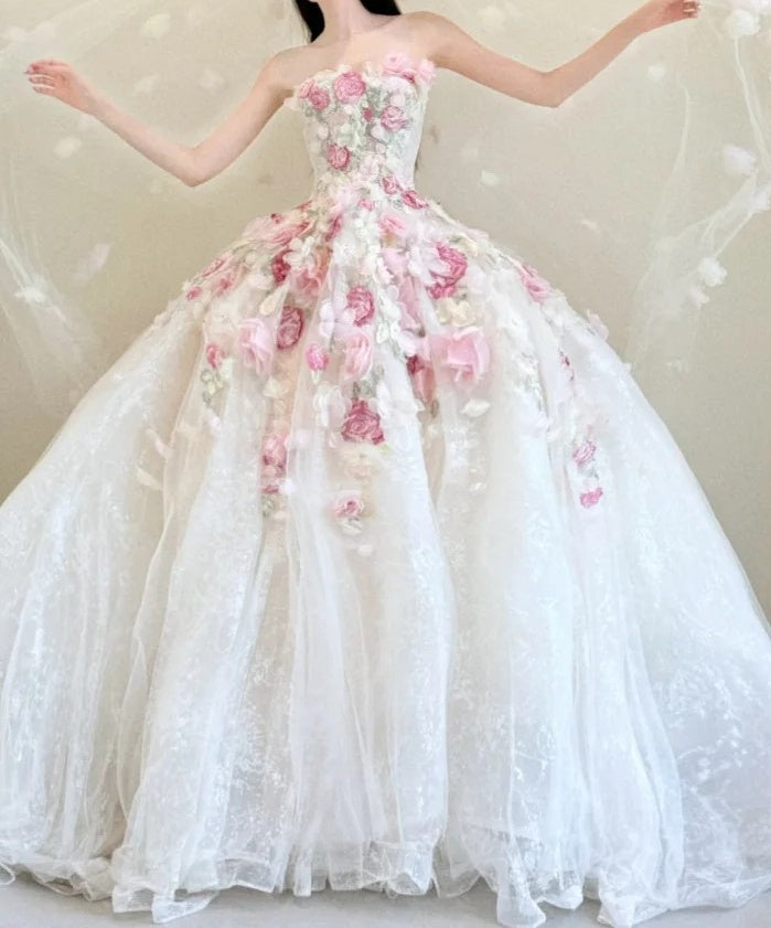 Charming Ball Gown Strapless Floral Evening Dress Quinceanera Dress Birthday Prom Gown       D5467