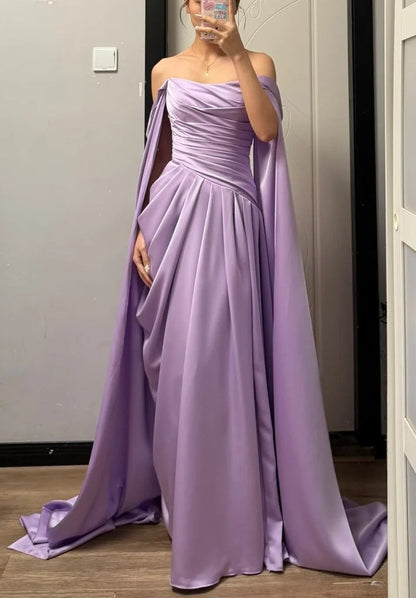 Elegant Prom Dress Satin Lilac Off Shoulder Pleated Gala Dress Evening Dress       D5482