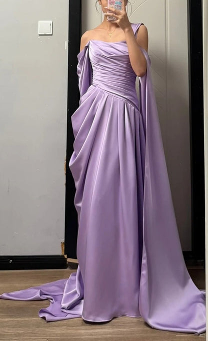 Elegant Prom Dress Satin Lilac Off Shoulder Pleated Gala Dress Evening Dress       D5482