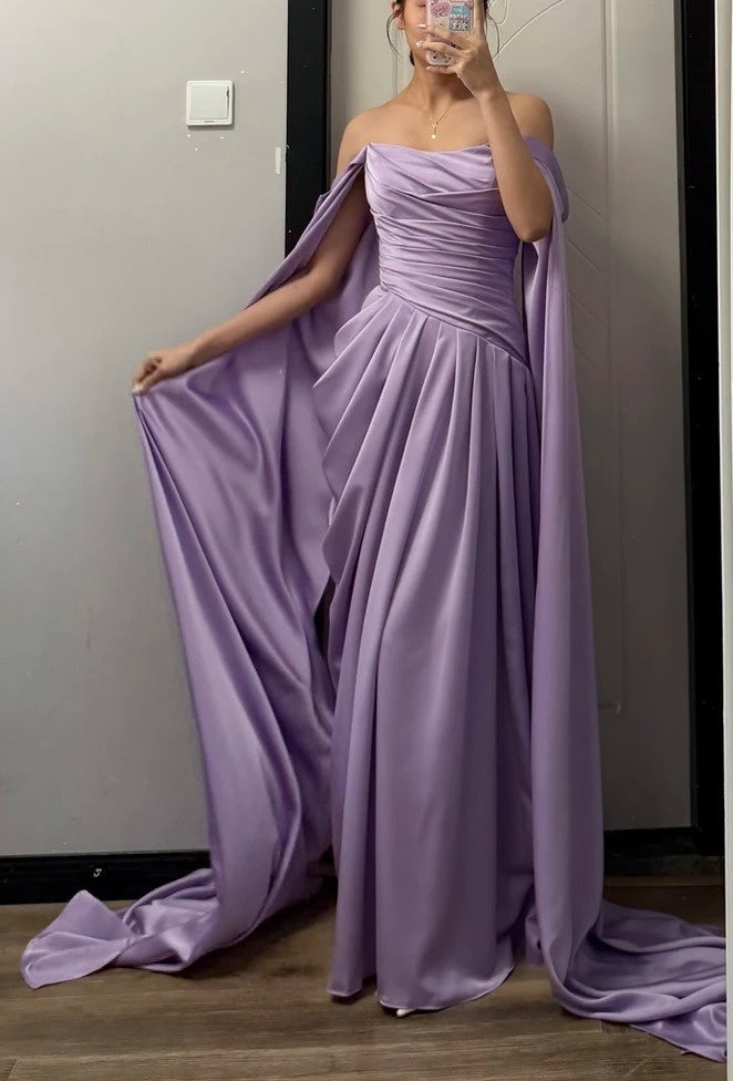 Elegant Prom Dress Satin Lilac Off Shoulder Pleated Gala Dress Evening Dress       D5482