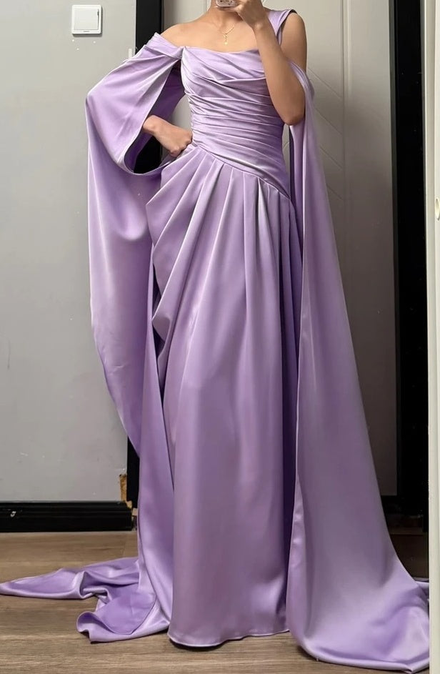 Elegant Prom Dress Satin Lilac Off Shoulder Pleated Gala Dress Evening Dress       D5482