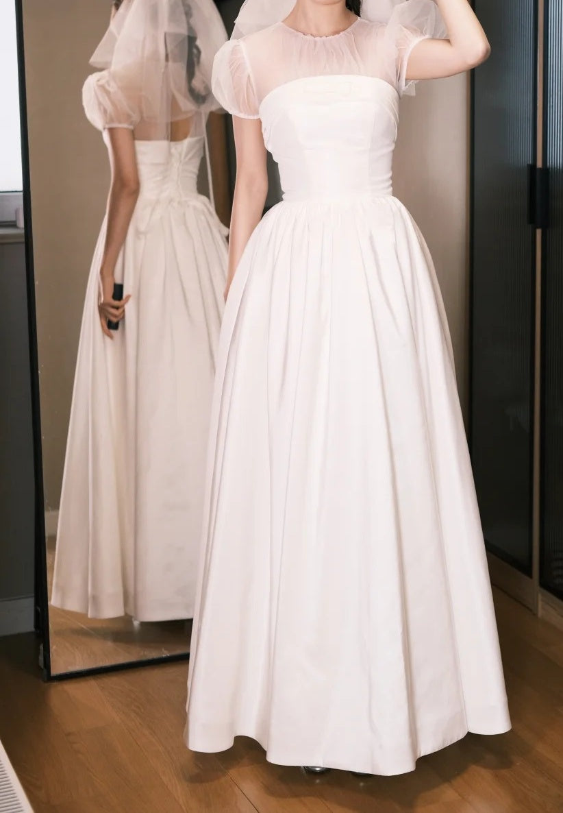 Elegant Prom Dress A Line White Crew Neck Pleated Gala Dress Evening Dress       D5485