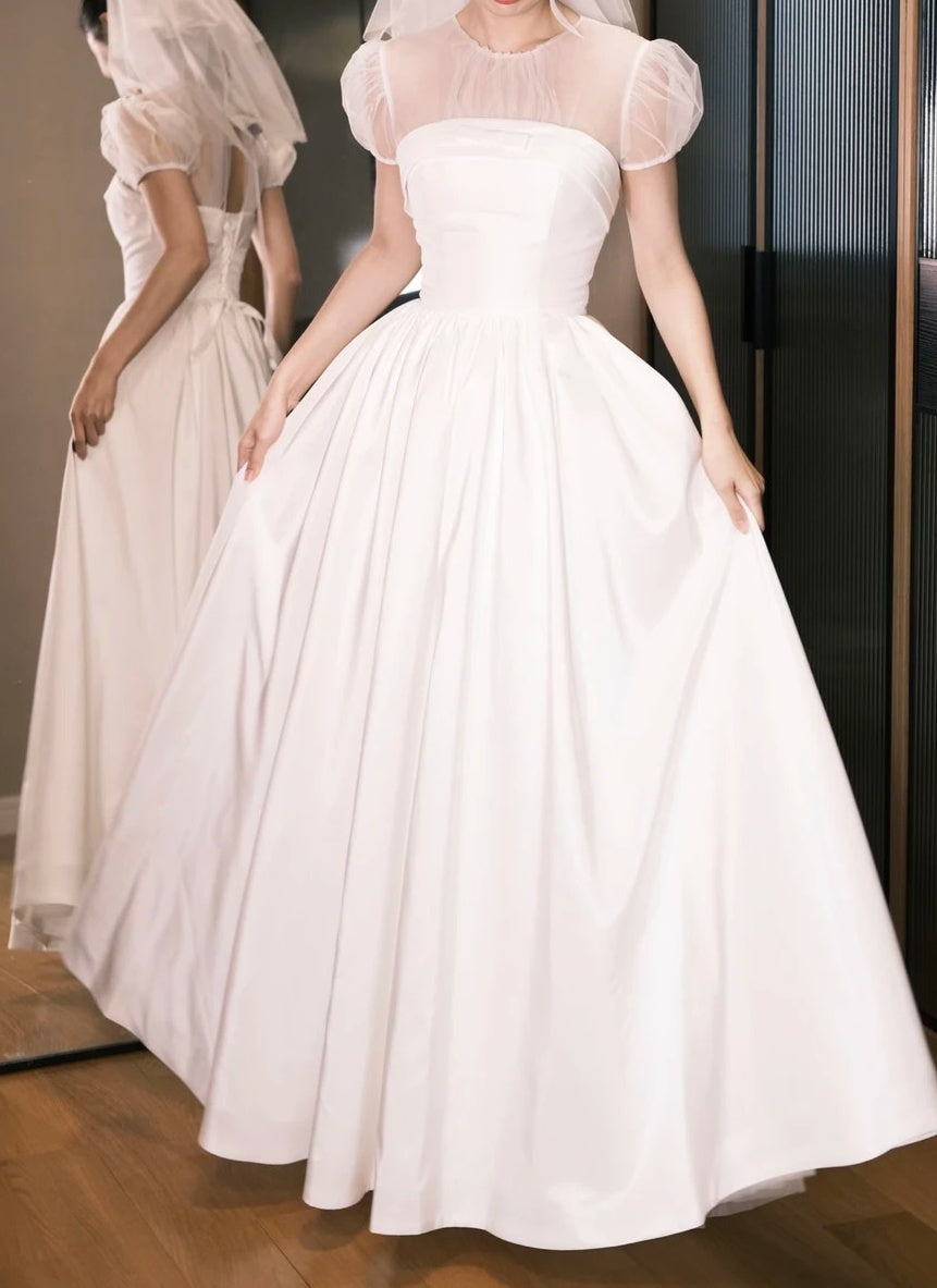 Elegant Prom Dress A Line White Crew Neck Pleated Gala Dress Evening Dress       D5485