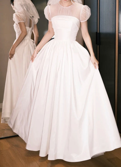 Elegant Prom Dress A Line White Crew Neck Pleated Gala Dress Evening Dress       D5485