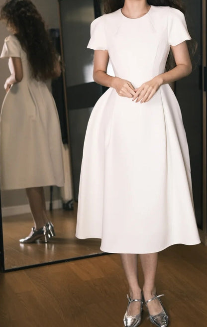 Minimalist Prom Dress A Line White Crew Neck Pleated Gala Dress Evening Dress       D5486