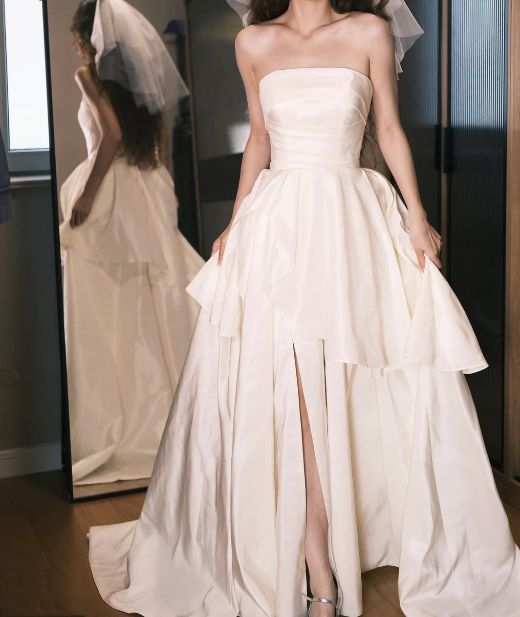 Elegant Wedding Dress White Strapless Satin Wedding Dress   D5489