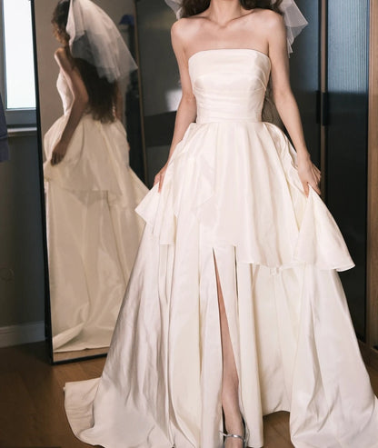 Elegant Wedding Dress White Strapless Satin Wedding Dress   D5489