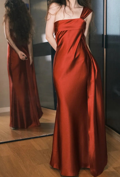 Elegant Prom Dress Wine Red Satin Off Shoulder Pleated Gala Dress Evening Dress       D5490