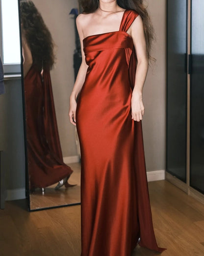 Elegant Prom Dress Wine Red Satin Off Shoulder Pleated Gala Dress Evening Dress       D5490