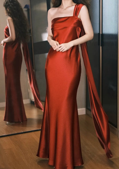 Elegant Prom Dress Wine Red Satin Off Shoulder Pleated Gala Dress Evening Dress       D5490