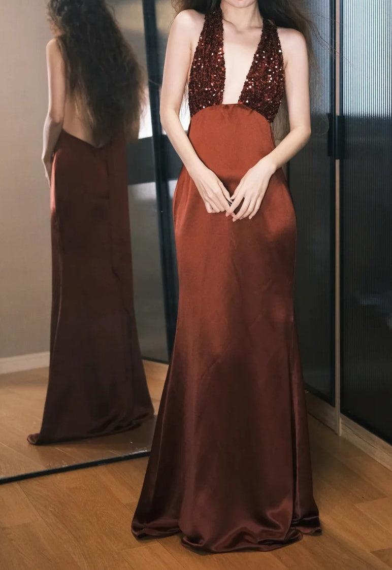 Gorgeous Prom Dress Wine Red Satin Halter Gala Dress Evening Dress       D5491