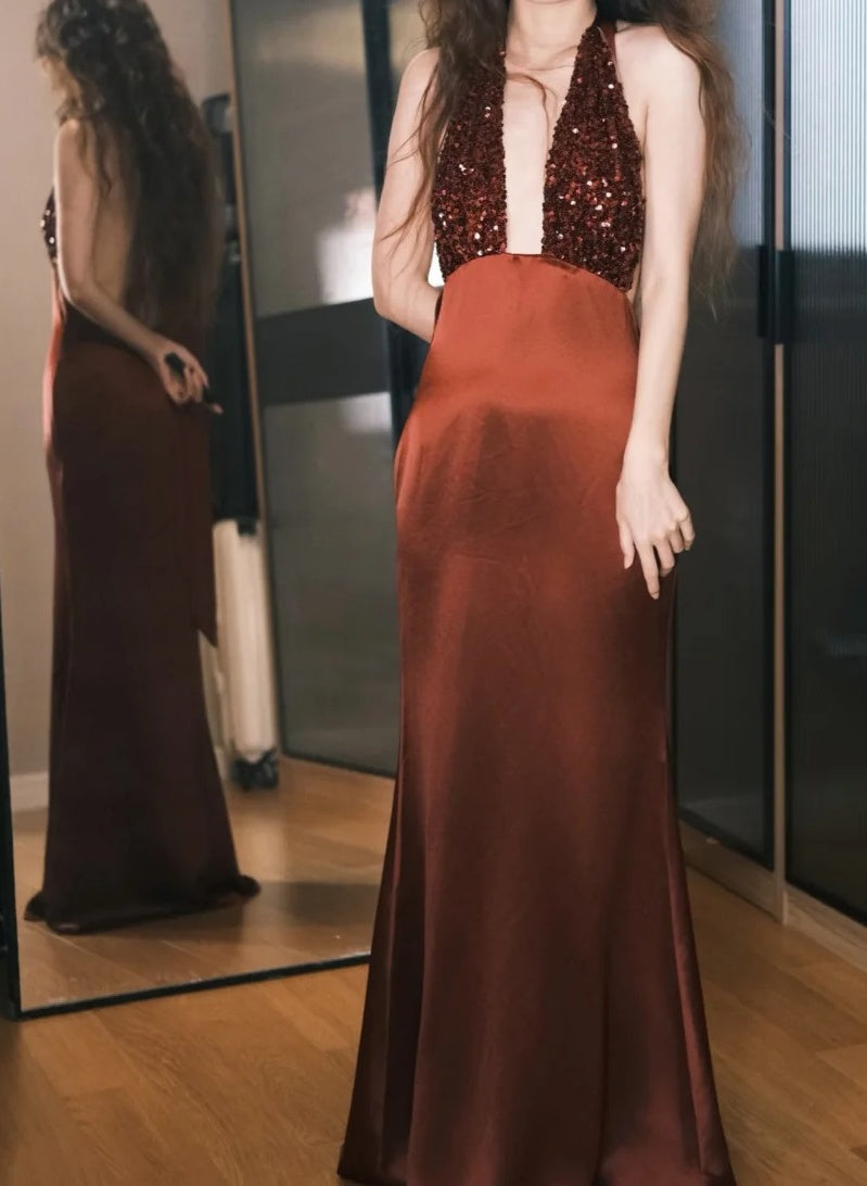 Gorgeous Prom Dress Wine Red Satin Halter Gala Dress Evening Dress       D5491