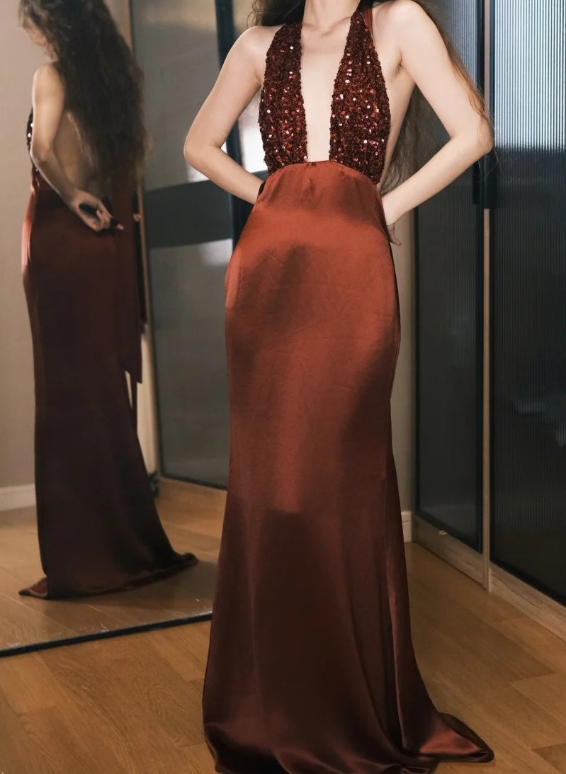 Gorgeous Prom Dress Wine Red Satin Halter Gala Dress Evening Dress       D5491