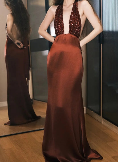 Gorgeous Prom Dress Wine Red Satin Halter Gala Dress Evening Dress       D5491