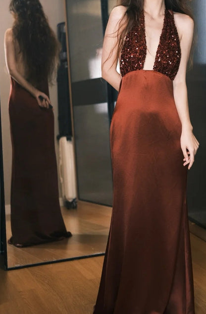 Gorgeous Prom Dress Wine Red Satin Halter Gala Dress Evening Dress       D5491