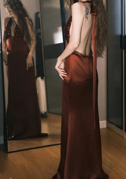 Gorgeous Prom Dress Wine Red Satin Halter Gala Dress Evening Dress       D5491
