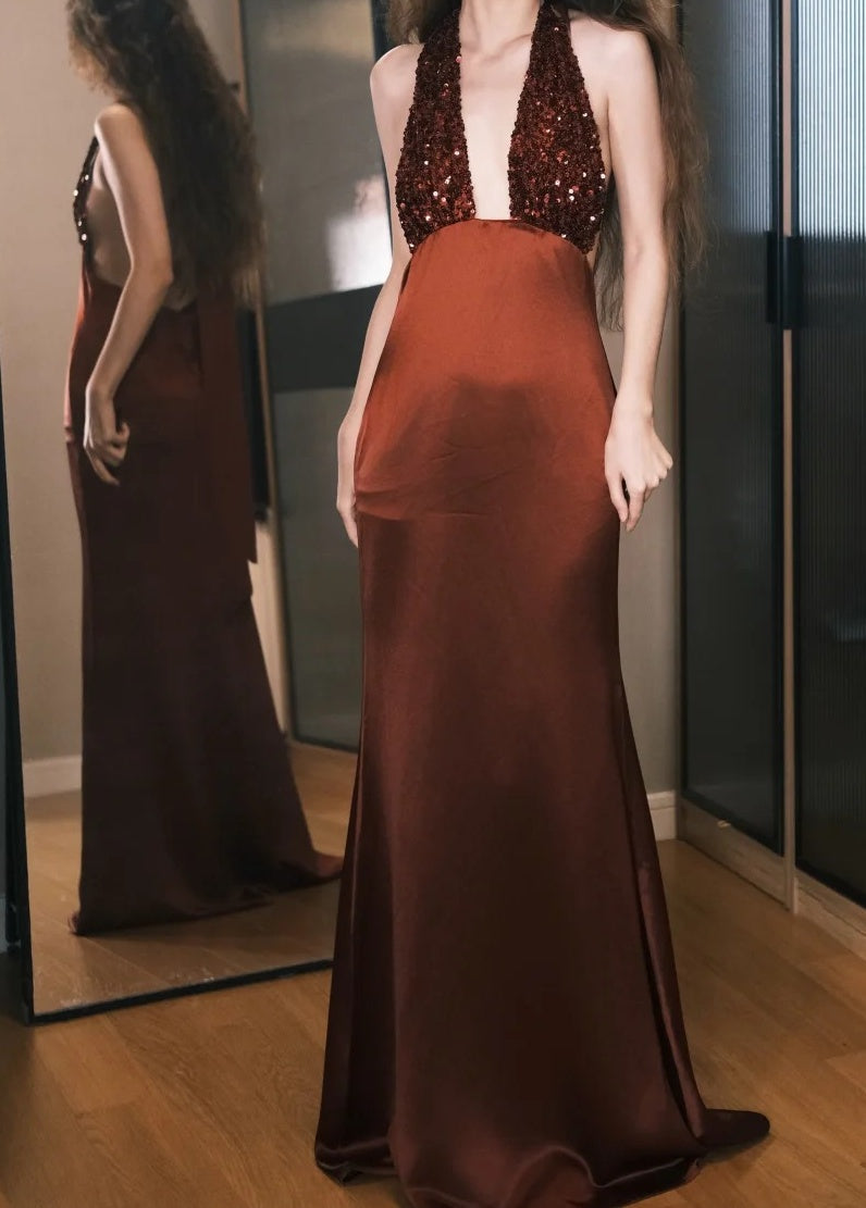 Gorgeous Prom Dress Wine Red Satin Halter Gala Dress Evening Dress       D5491