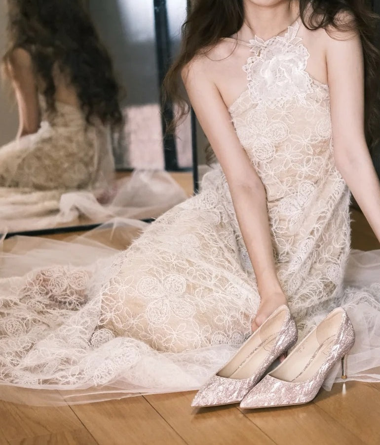 Charming Prom Dress A Line Halter Lace Gala Dress Evening Dress       D5492