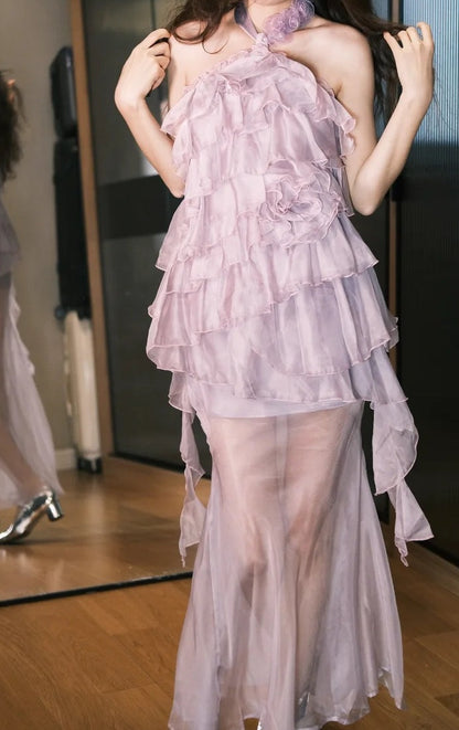 Stunning Prom Dress Purple Halter Ruffle Gala Dress Evening Dress   D5498