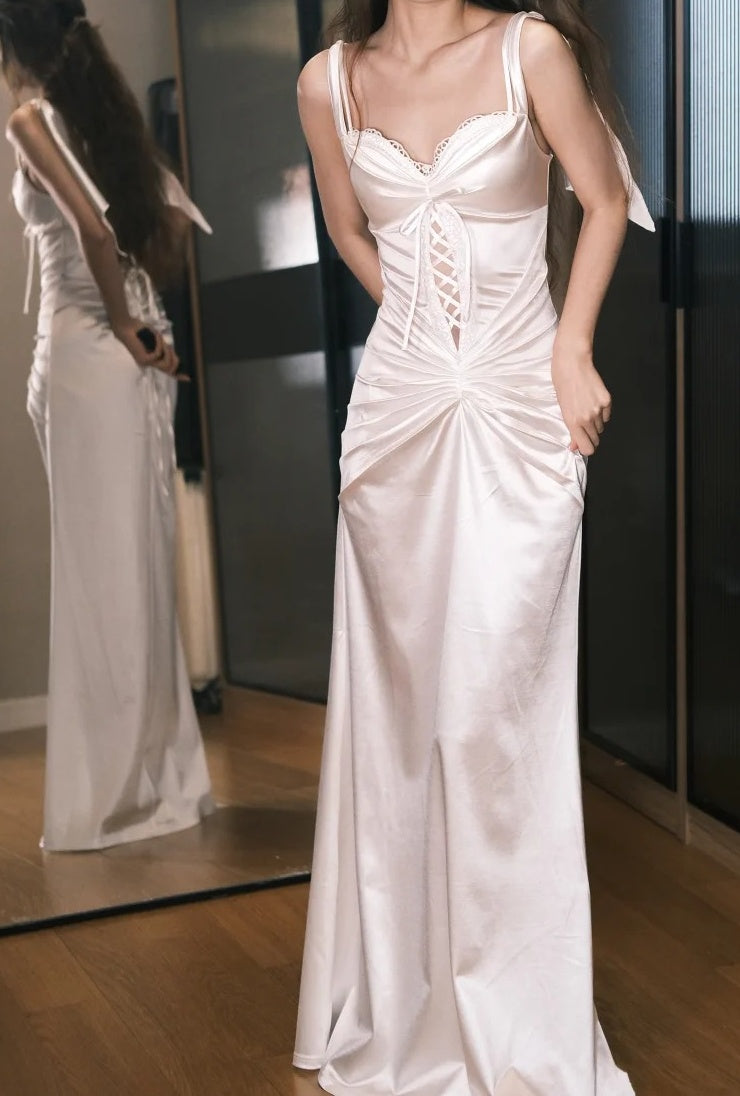 Stunning Prom Dress White Satin Spaghetti Straps Pleated Gala Dress Evening Dress   D5499