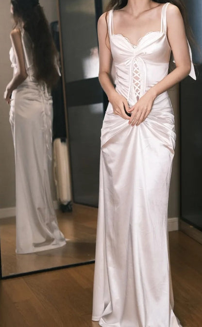 Stunning Prom Dress White Satin Spaghetti Straps Pleated Gala Dress Evening Dress   D5499