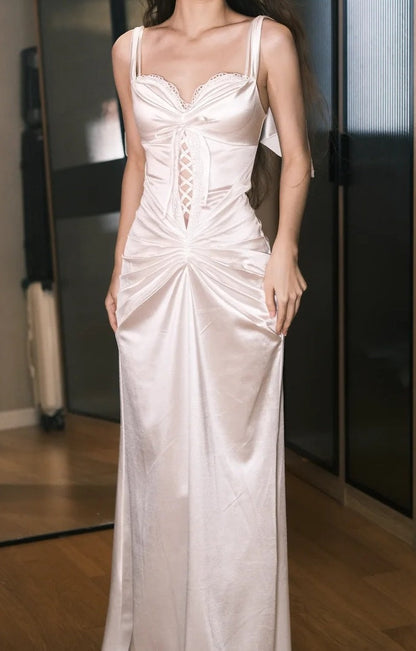 Stunning Prom Dress White Satin Spaghetti Straps Pleated Gala Dress Evening Dress   D5499