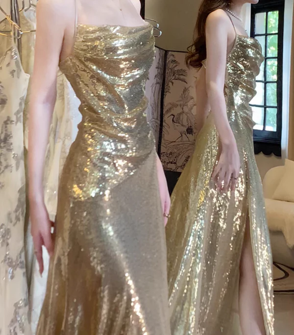 Gold Sequins Cross Back Sheath Long Party Dress Evening Gown MD7522