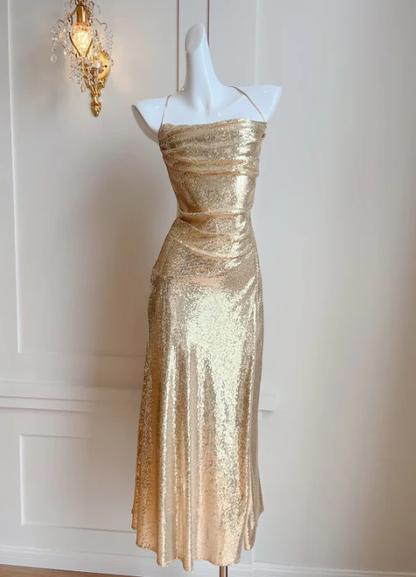 Gold Sequins Cross Back Sheath Long Party Dress Evening Gown MD7522