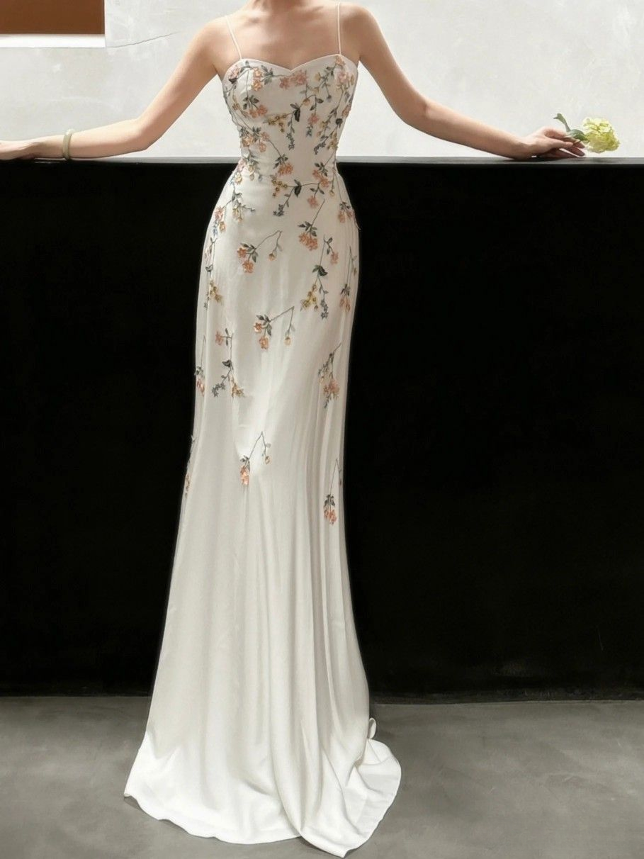 Elegant White Spaghetti Straps A-Line Flower Long Evening Party Dresses, D1044