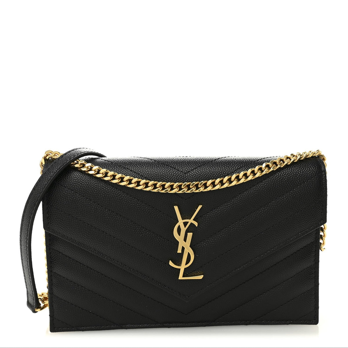 Grain De Poudre Matelasse Chevron Monogram Envelope Chain Wallet Black
