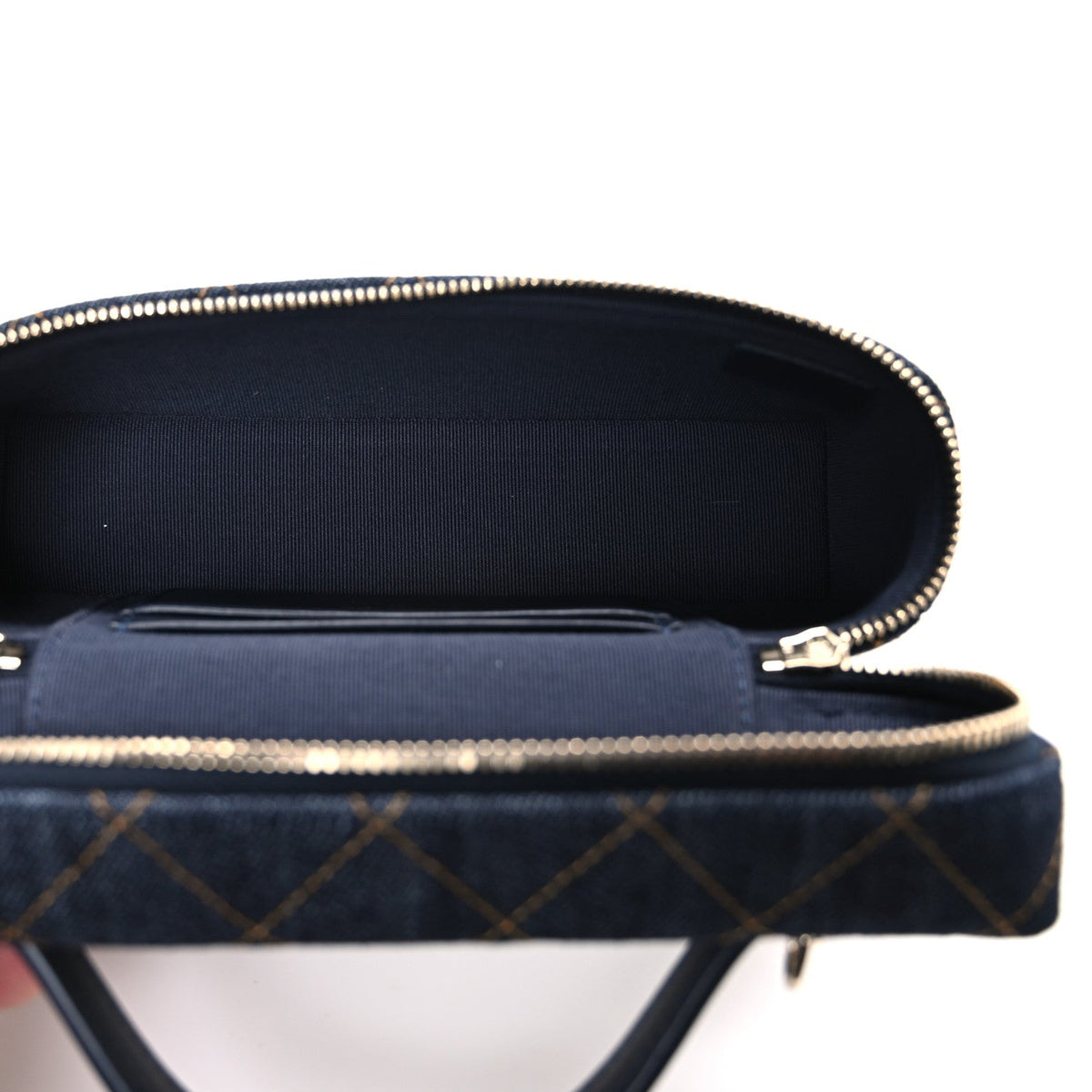 Denim Quilted Top Handle Slim Vanity Case With Chain Dark Blue Orange