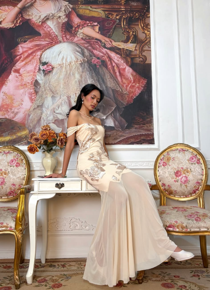 Vintage Apricot Mermaid Off the Shoulder Sequin Chiffon Long Prom Dress SH5392