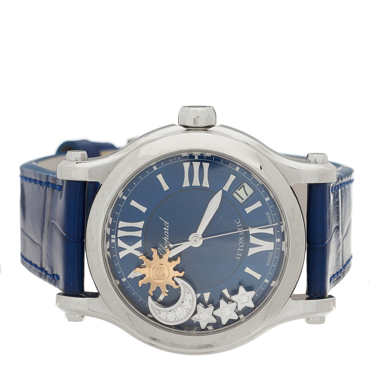 Stainless Steel Alligator Diamond 36mm Happy Sport Sun, Moon and Stars Automatic Watch