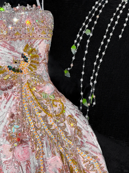 Gorgeous Sparkling Pink Beaded Applique Mermaid Design Exquisite Embroidery Evening Dress Prom Dresses D1639