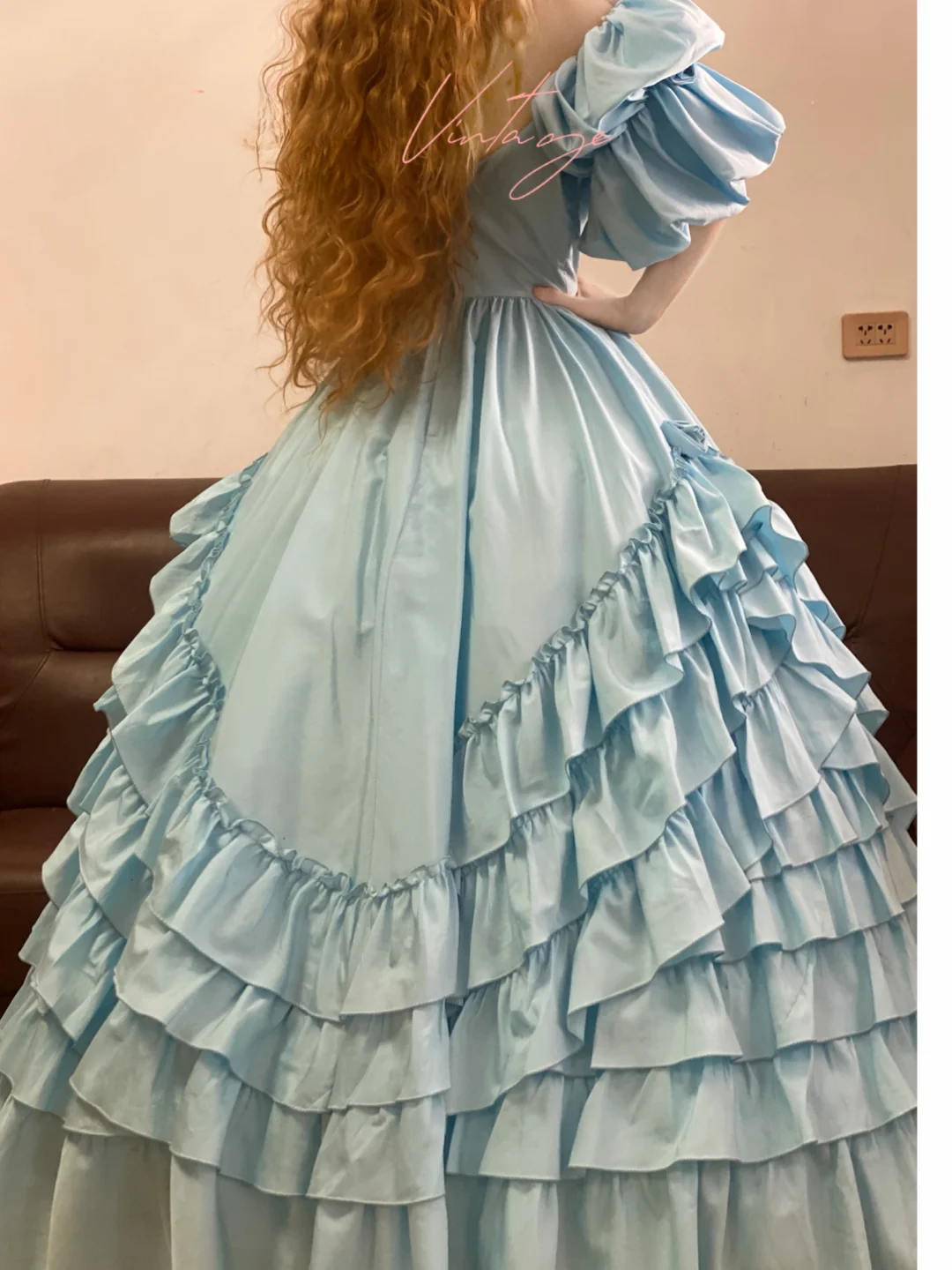 Vintage Blue Puff Ball Gown Layered Satin Prom Dress 16th Birthday Dress SH4957