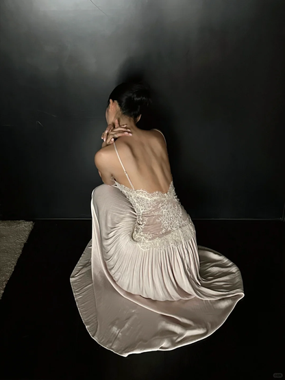 Stunning A Line Halter Lace Satin Open Back Prom Dress Evening Dress Formal Gown SH3926