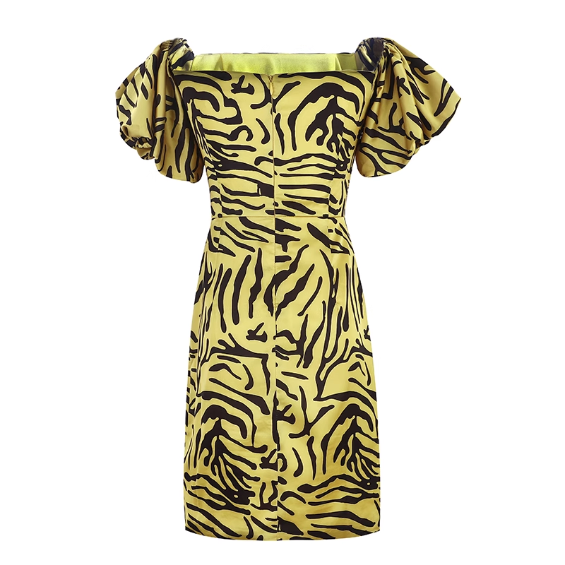 Yellow Leopard Print Off-the-shoulder Design Sheath Party Dress, D1415
