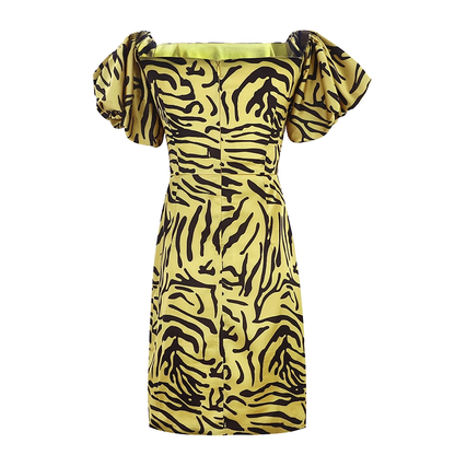 Yellow Leopard Print Off-the-shoulder Design Sheath Party Dress, D1415