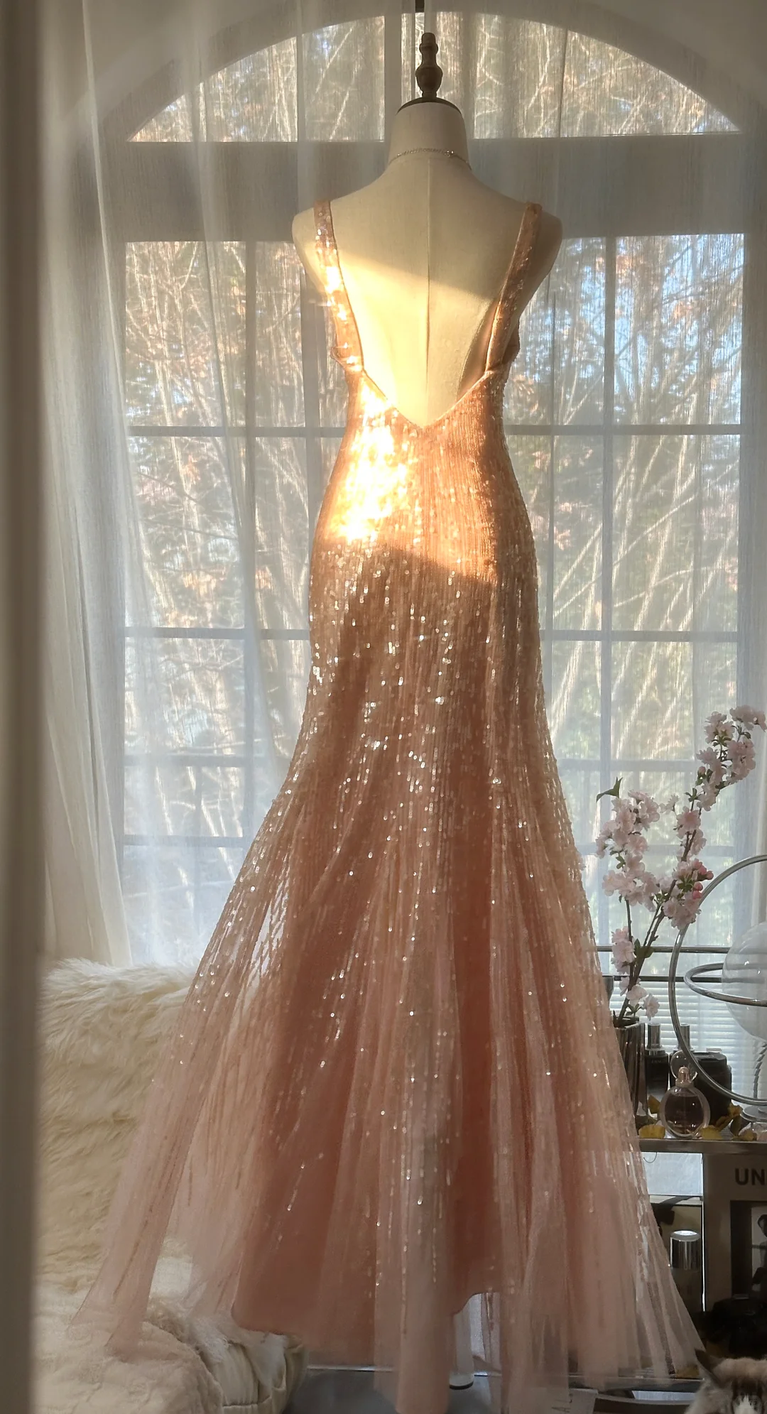 Vintage Champagne Sparkling Sequin Design Romantic Chiffon Evening Dress Prom Dress D1513
