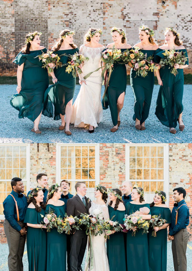 Teal Green Chiffon Off The Shoulder Side Slit Boho Bridesmaid Dresses SH5581