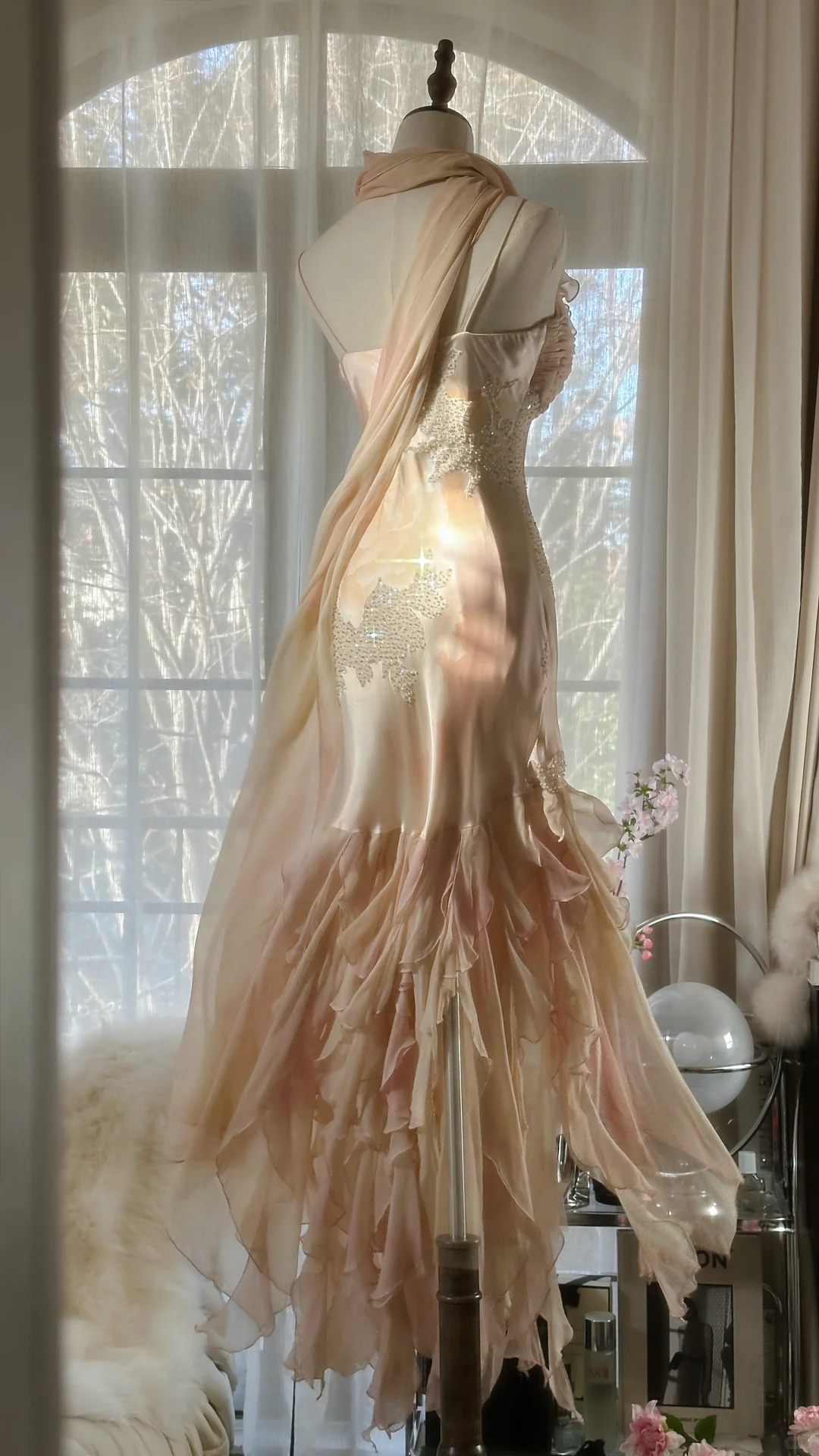 Vintage Mermaid Beaded Floral Design Romantic Chiffon Evening Dress Prom Dress D1512