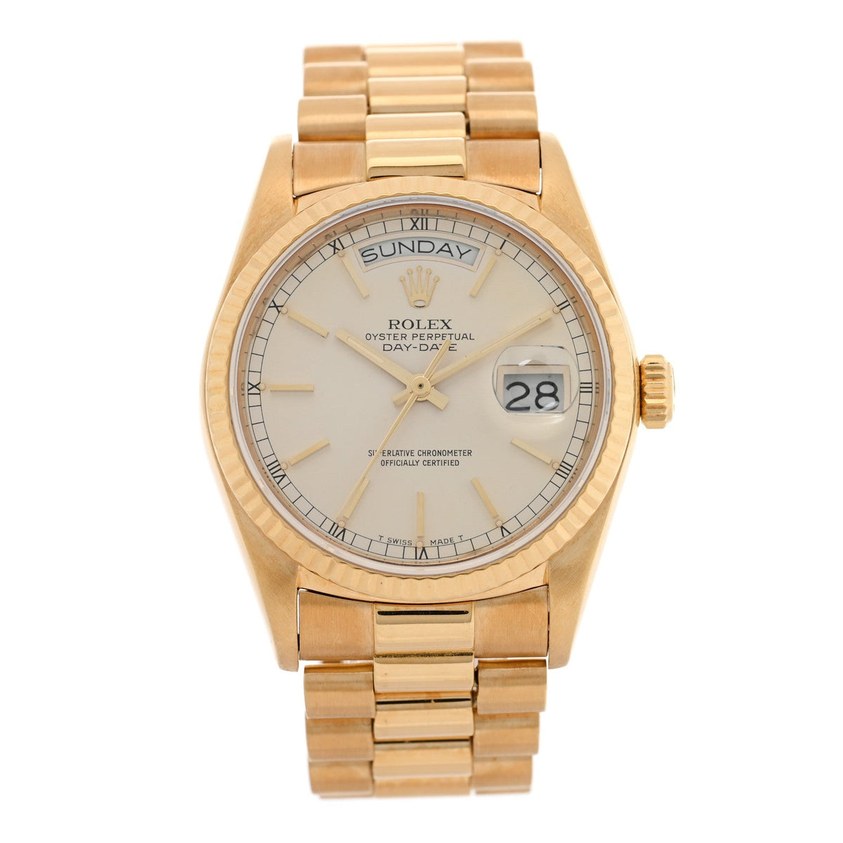 18K Yellow Gold 36mm Oyster Perpetual Day-Date President Watch Silver 18038